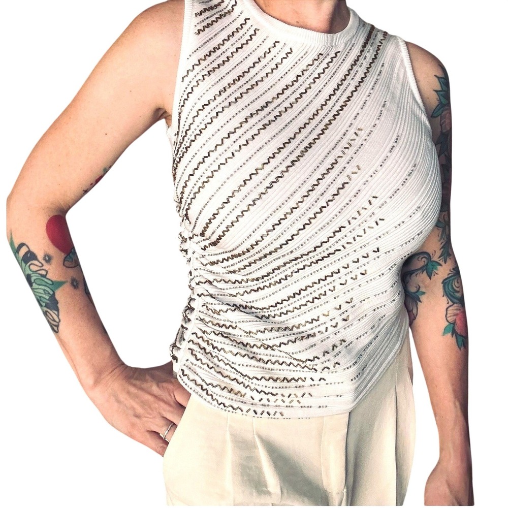 Rabanne White Ribbed Sleeveless Beaded Ruched Top Metallic Gold Embellished Tank